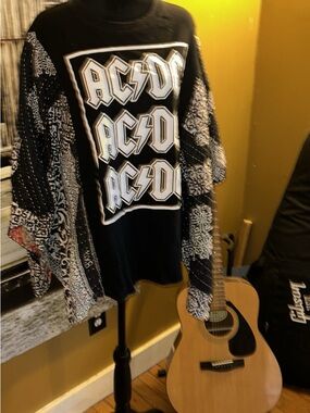 Upcycled AC/DC Black Tee with White Graphic and Bandana-Print Sleeves